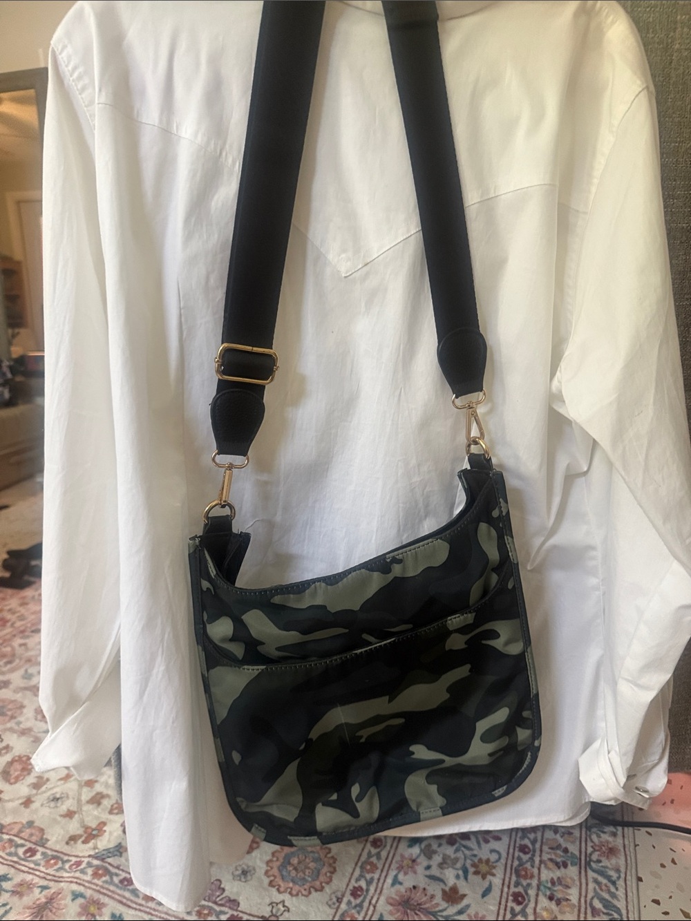 Source Unknown Black and Olive Green Camouflage Crossbody Bag